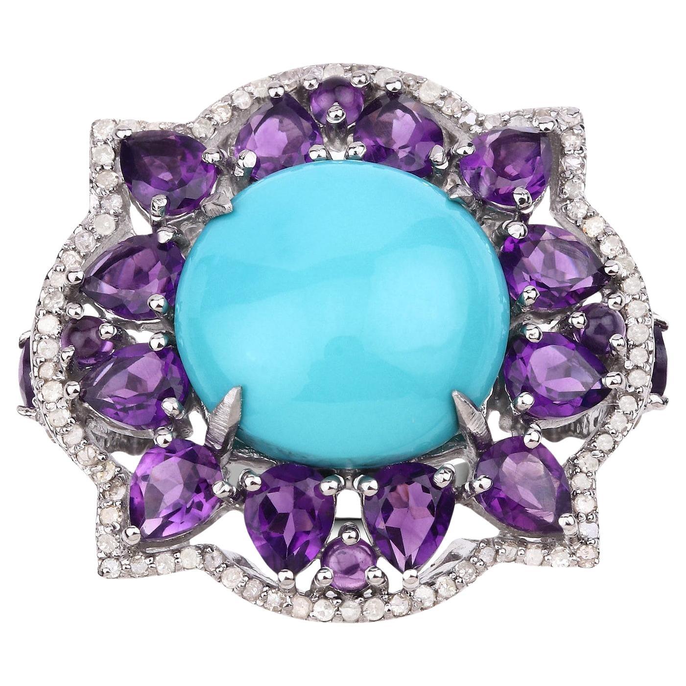 Natural Turquoise Amethyst and Diamond Statement Ring 14.5 Carats