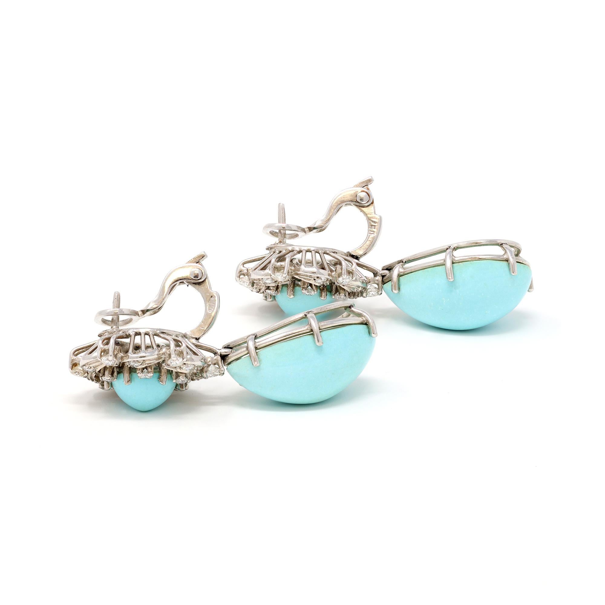 Mixed Cut Natural Turquoise and Diamond Pendant Clip-On Earrings in 18K