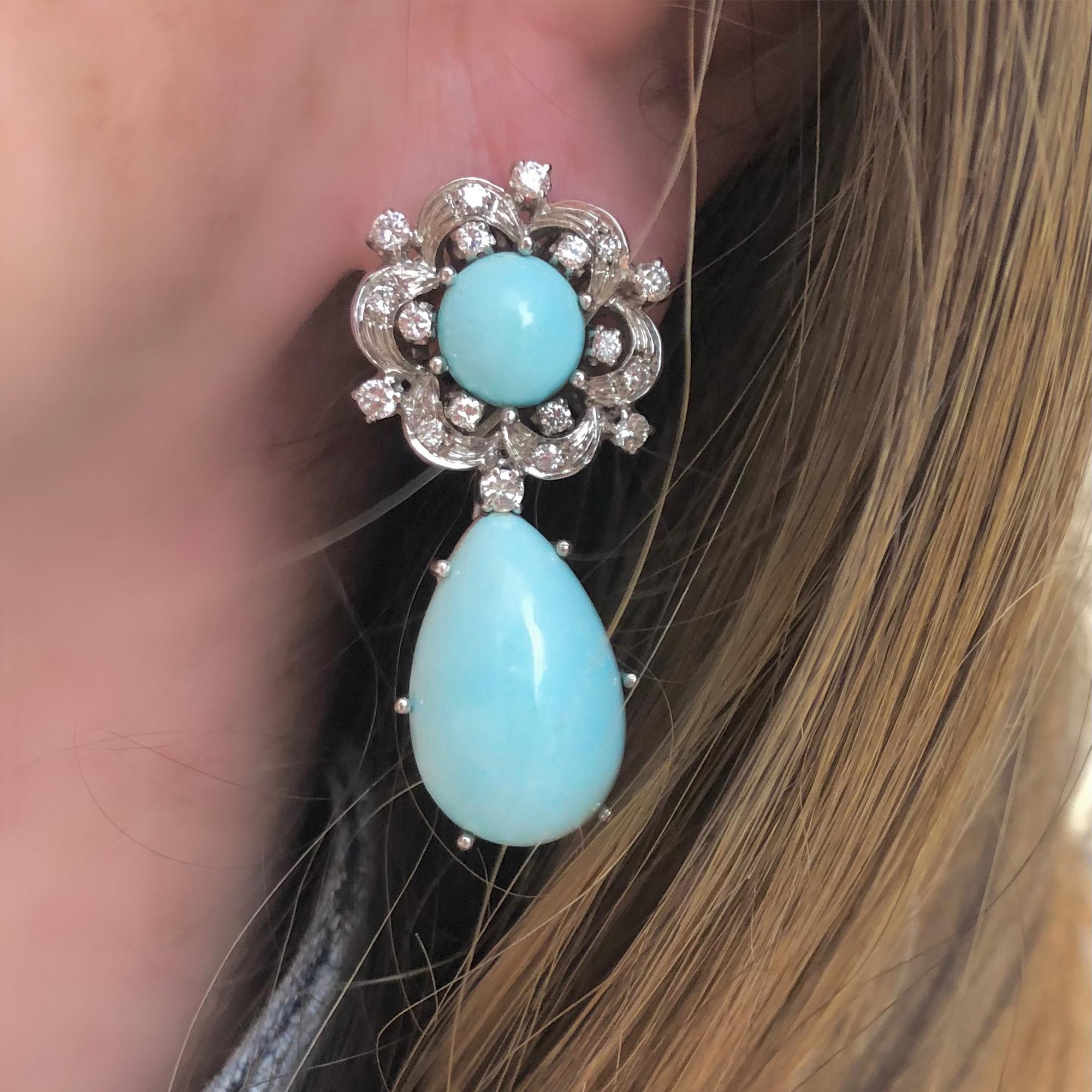 Women's Natural Turquoise and Diamond Pendant Clip-On Earrings in 18K