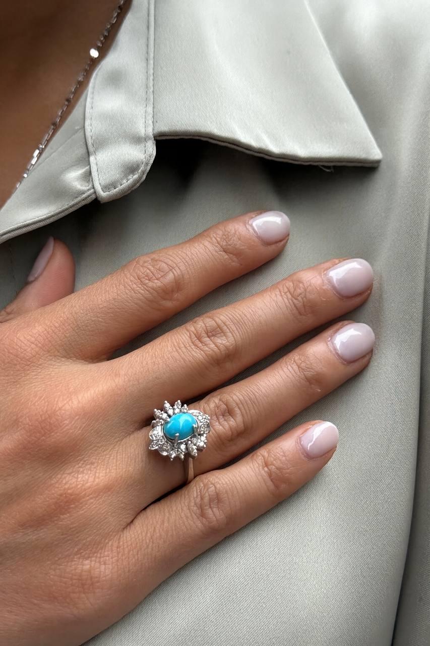 Anillo de Turquesa Natural y Diamantes. Artesano en venta