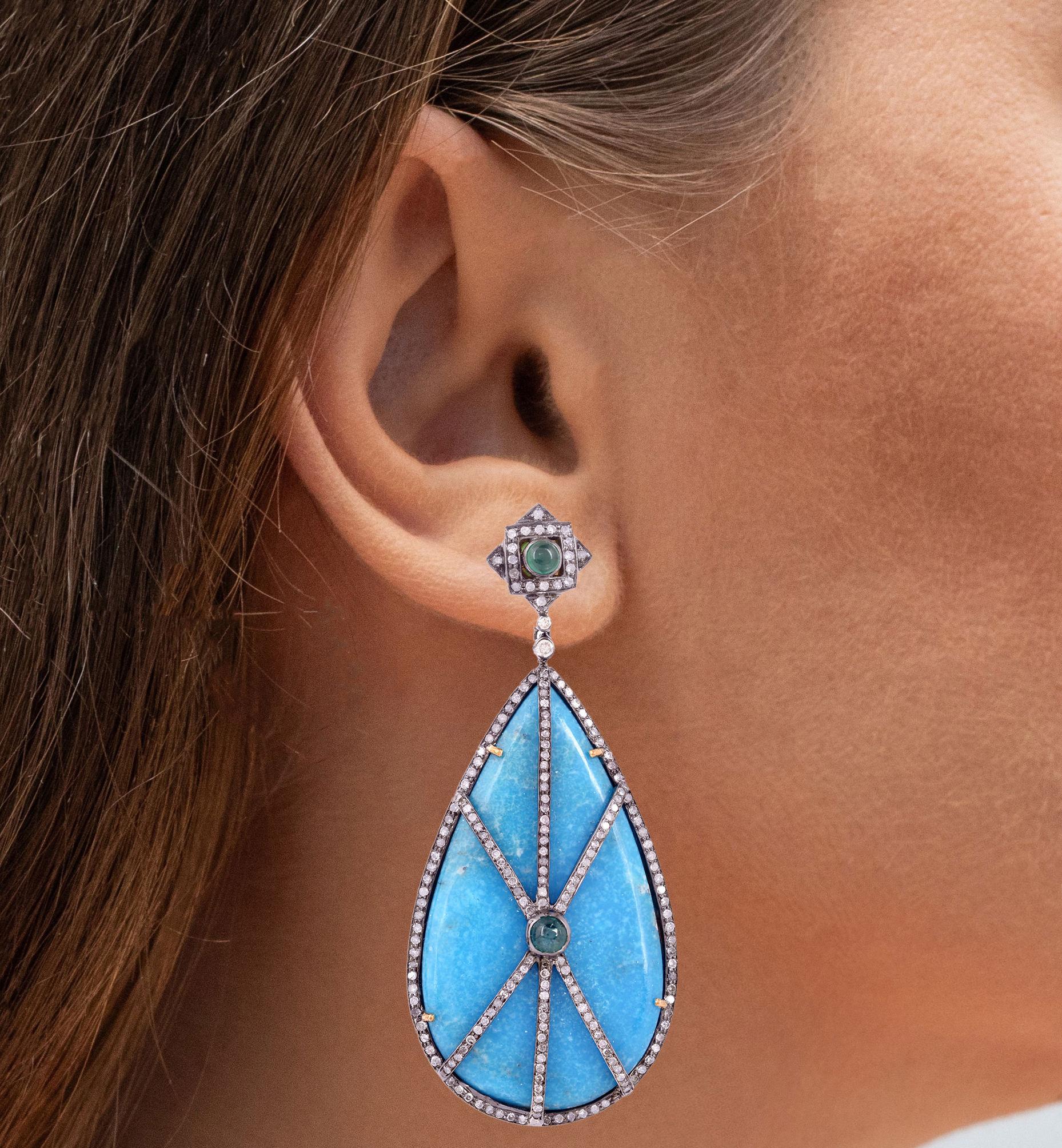 Statement-Ohrringe mit natürlichem Türkis und Diamant 66 Karat (Art déco) im Angebot