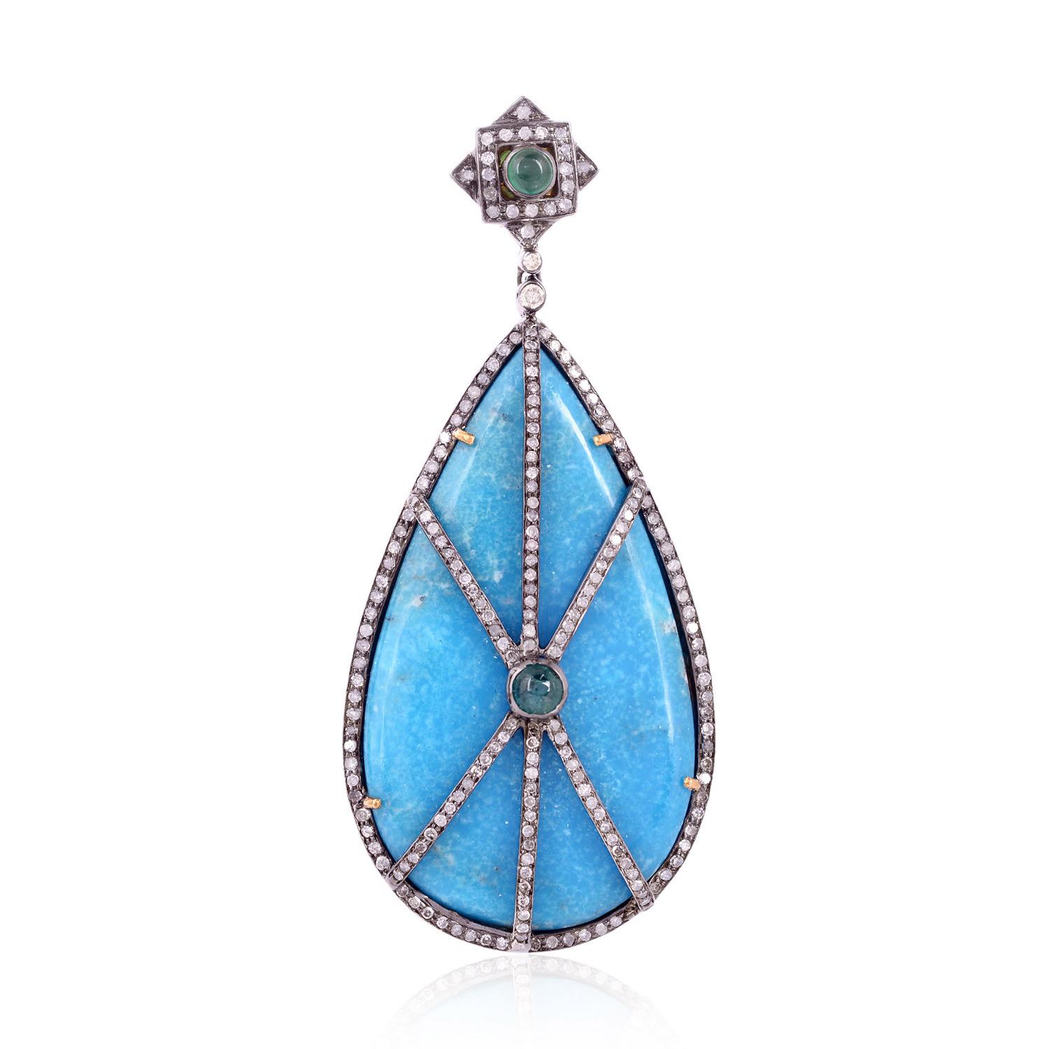 Mixed Cut Natural Turquoise And Diamond Statement Earrings 66 Carats For Sale