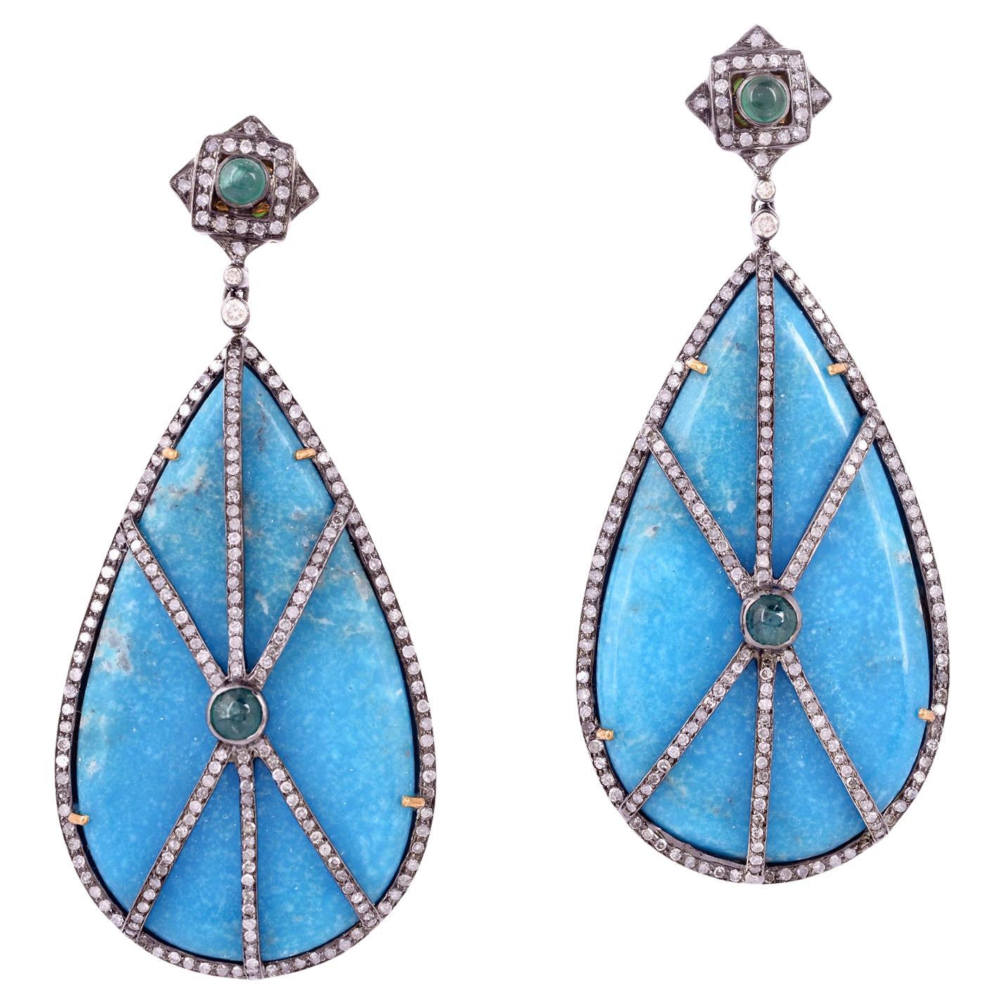 Natural Turquoise And Diamond Statement Earrings 66 Carats For Sale