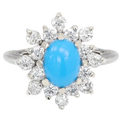 Anillo Cóctel Turquesa Natural y Diamantes Oro Blanco 14 Kilates