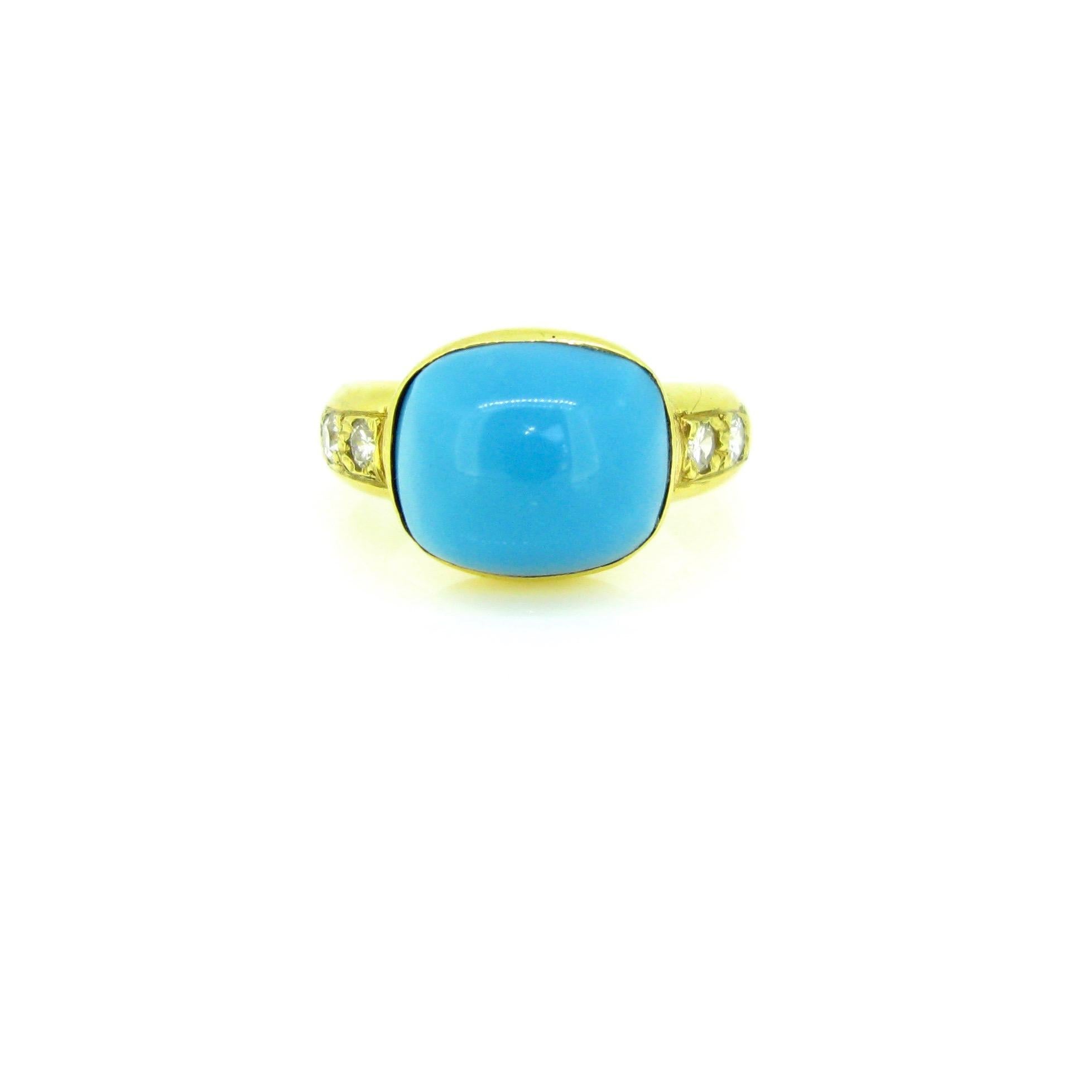 Women's or Men's Natural Turquoise and Diamonds Yellow Gold Band Gyspy Ring