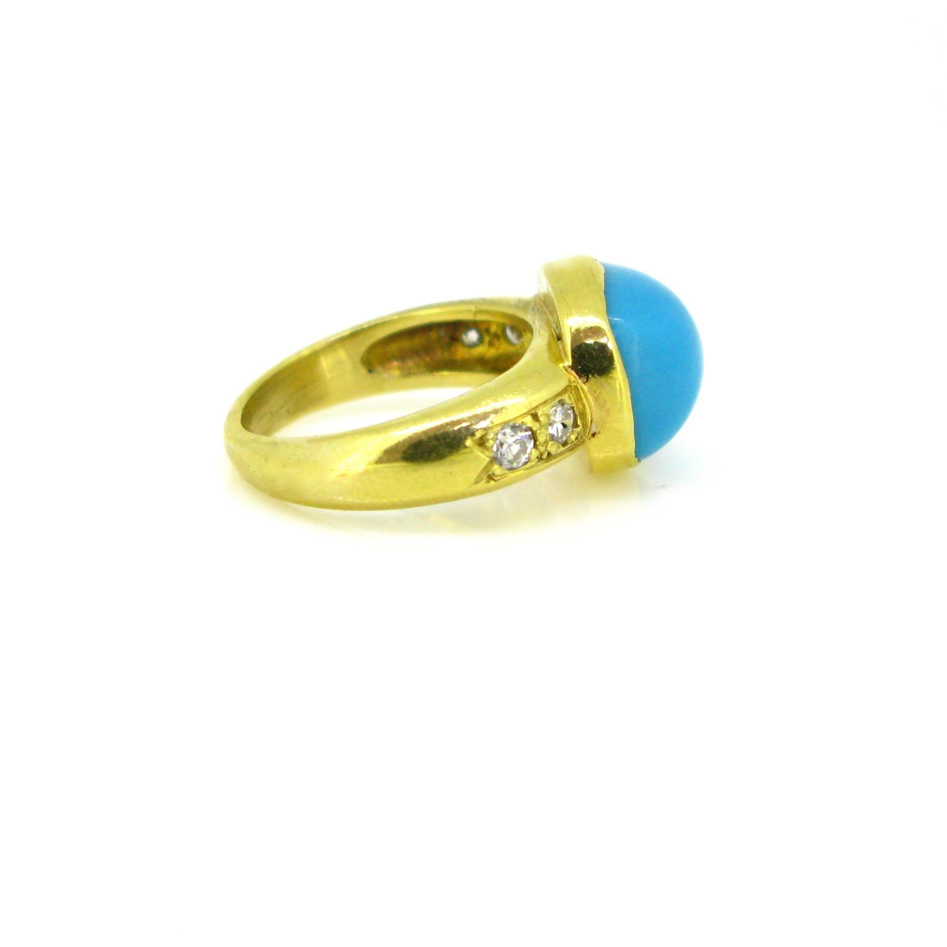 Natural Turquoise and Diamonds Yellow Gold Band Gyspy Ring 1