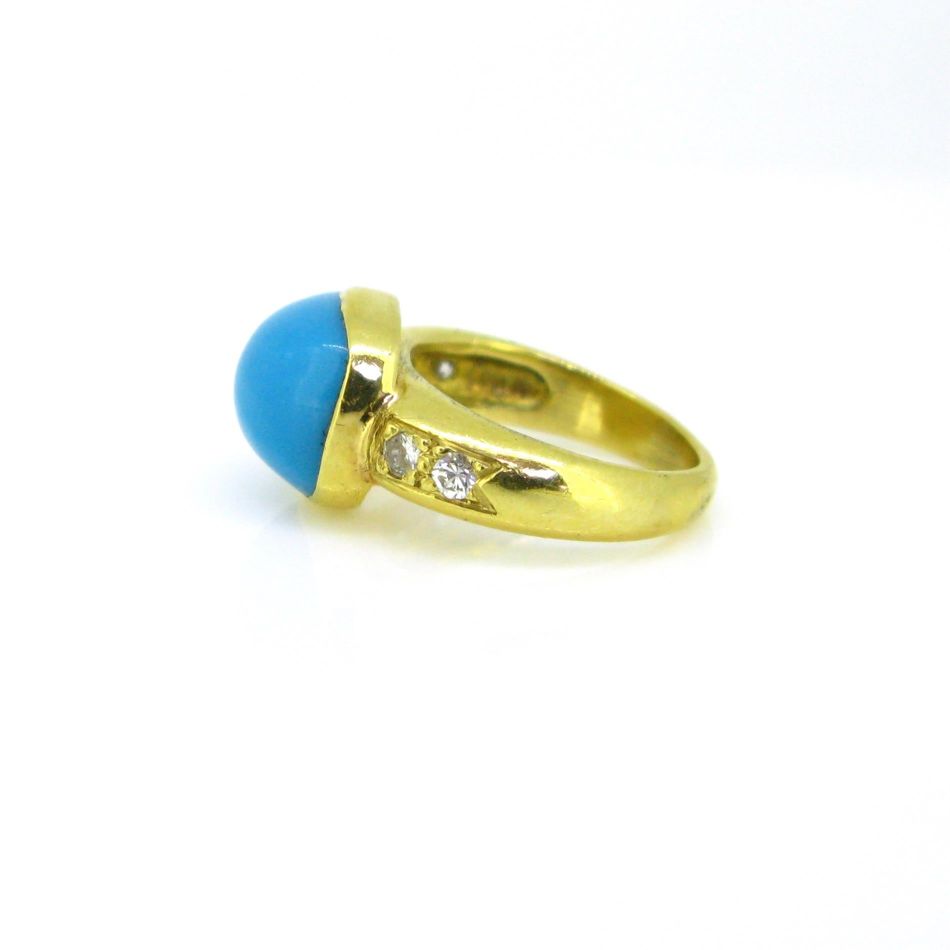 Natural Turquoise and Diamonds Yellow Gold Band Gyspy Ring 3
