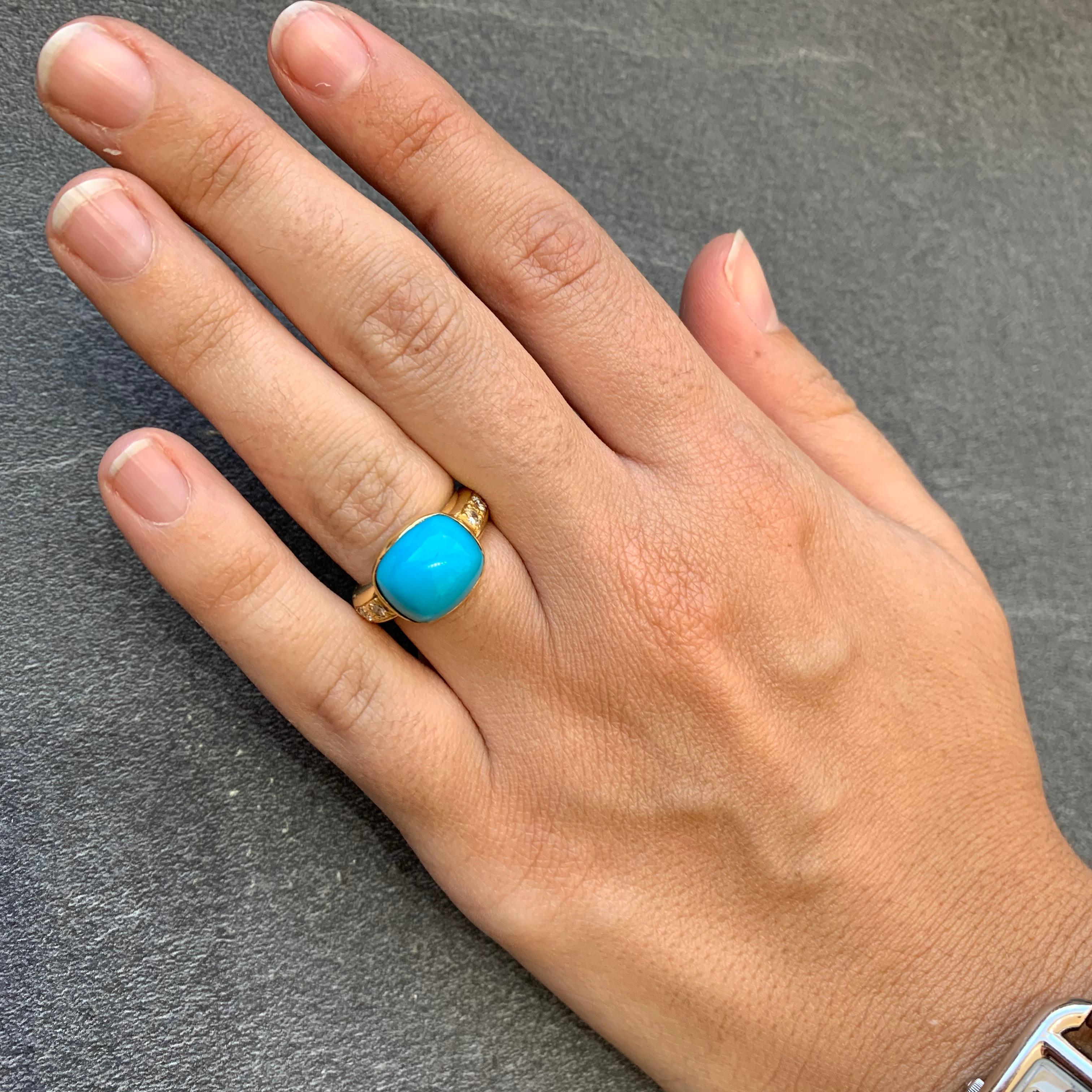 Natural Turquoise and Diamonds Yellow Gold Band Gyspy Ring 4