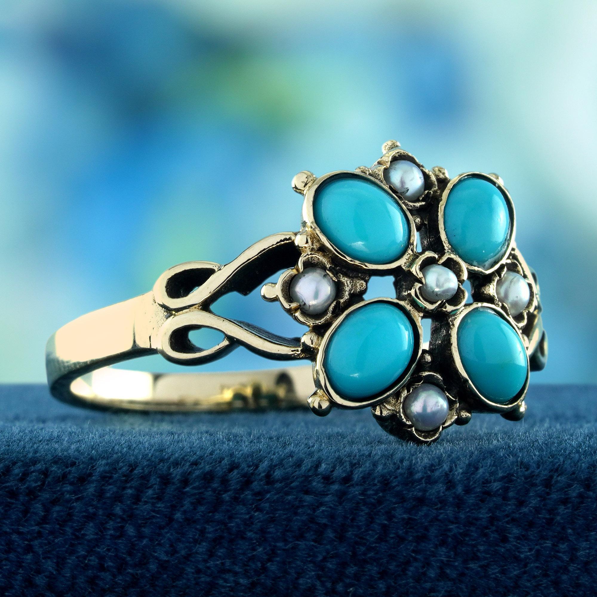 Türkis und  Vintage-Blumen-Cluster-Ring aus massivem 9K Gold mit Perlen im Vintage-Stil (Edwardian) im Angebot