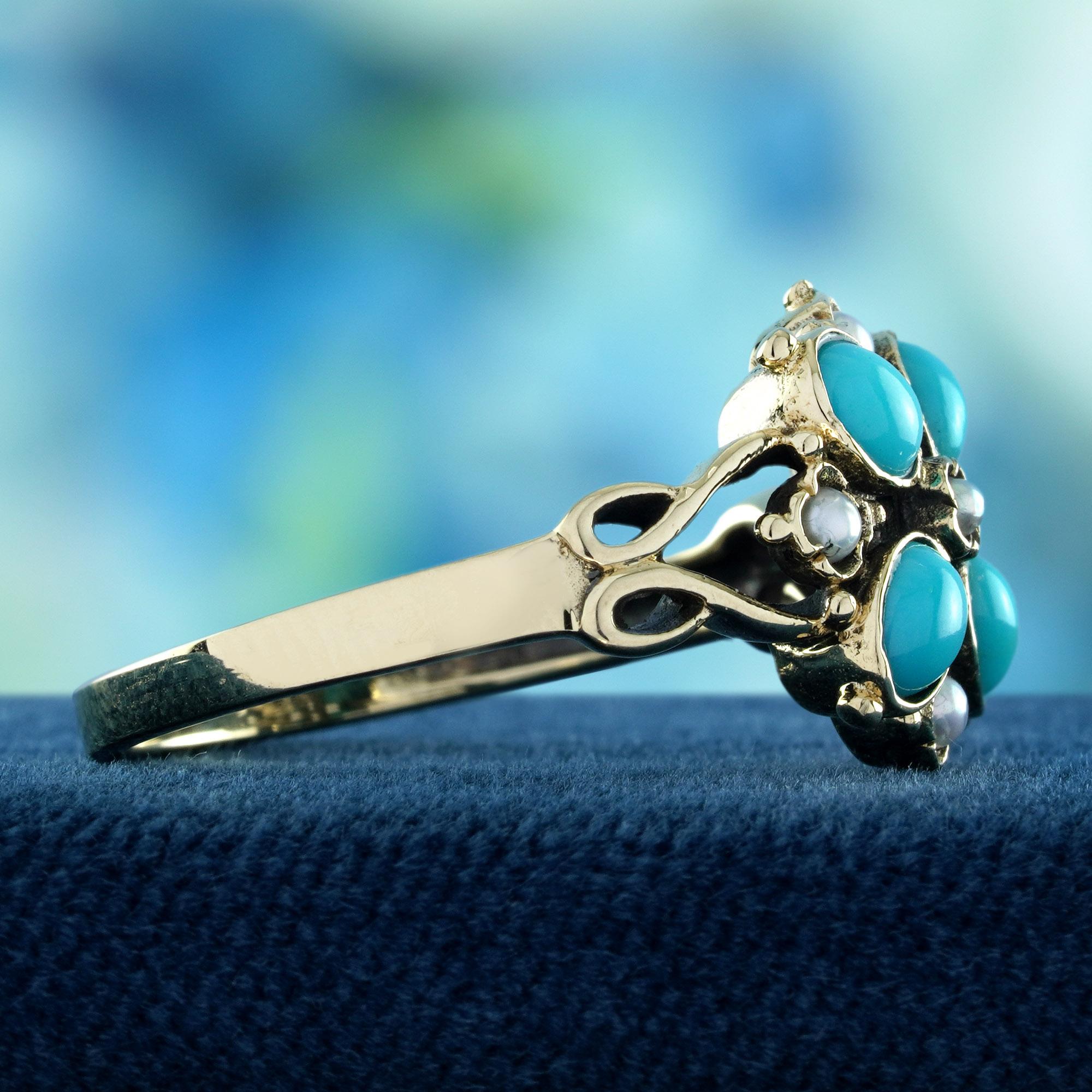 Türkis und  Vintage-Blumen-Cluster-Ring aus massivem 9K Gold mit Perlen im Vintage-Stil (Ovalschliff) im Angebot