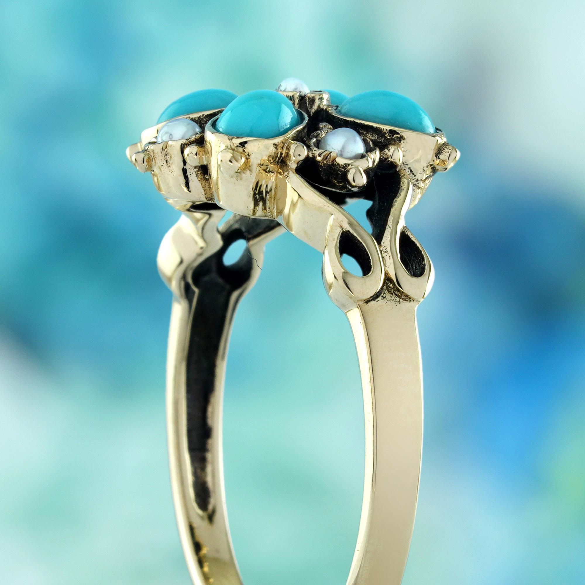 Türkis und  Vintage-Blumen-Cluster-Ring aus massivem 9K Gold mit Perlen im Vintage-Stil Damen im Angebot