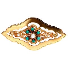 Natural Turquoise and Seed Pearl Open Gilt Etching Patterned Pin 14 Karat*