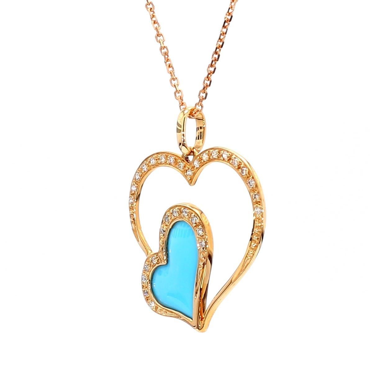 Il bellissimo ciondolo di turchese di RareGemworld. Montato in una splendida montatura in oro rosa 18 carati con un turchese naturale a forma di cuore. Il turchese è completato da un diamante bianco naturale rotondo a forma di cuore. Questo ciondolo