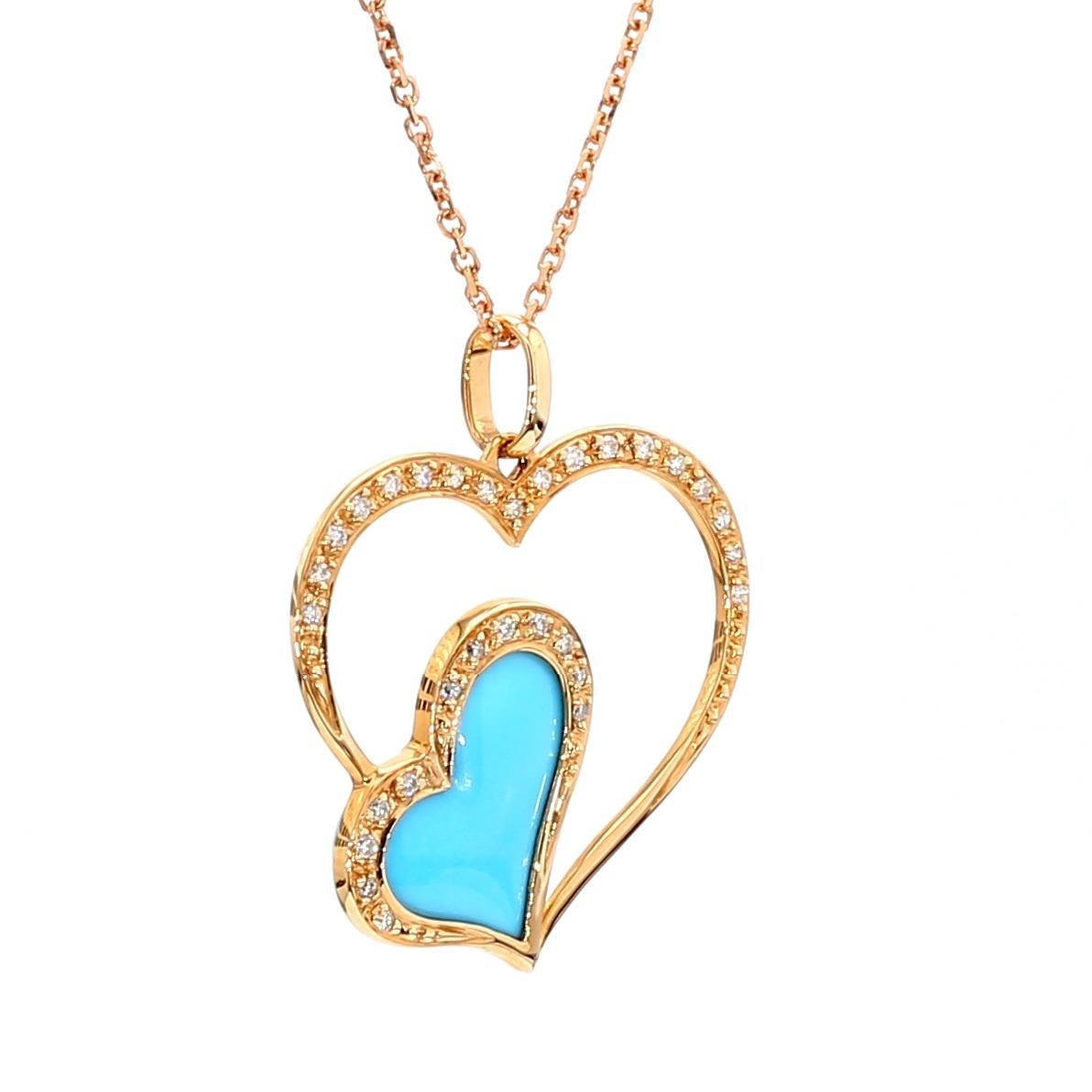 Cuore Ciondolo reversibile in oro rosa con turchese naturale e diamante bianco da 0,49 carati TW in vendita