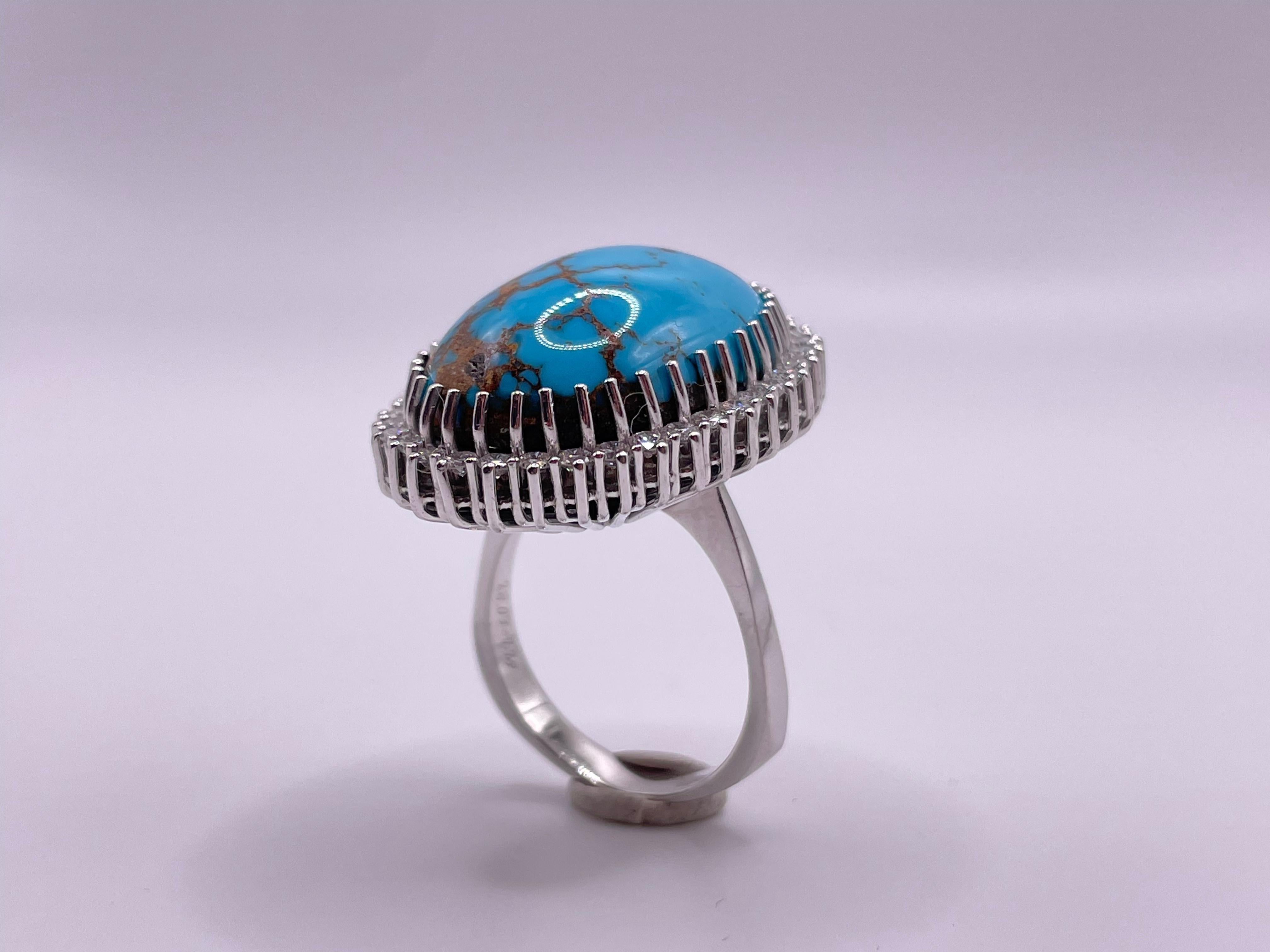 Art Deco Natural Turquoise and White Gold Diamond Ring For Sale