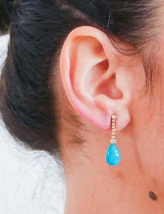 Orecchino con turchese naturale, acquamarina e diamante in oro 14k