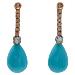 Orecchino con turchese naturale, acquamarina e diamante in oro 14k