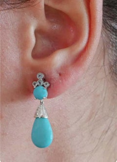 Orecchino con turchese naturale, acquamarina e diamante in oro bianco