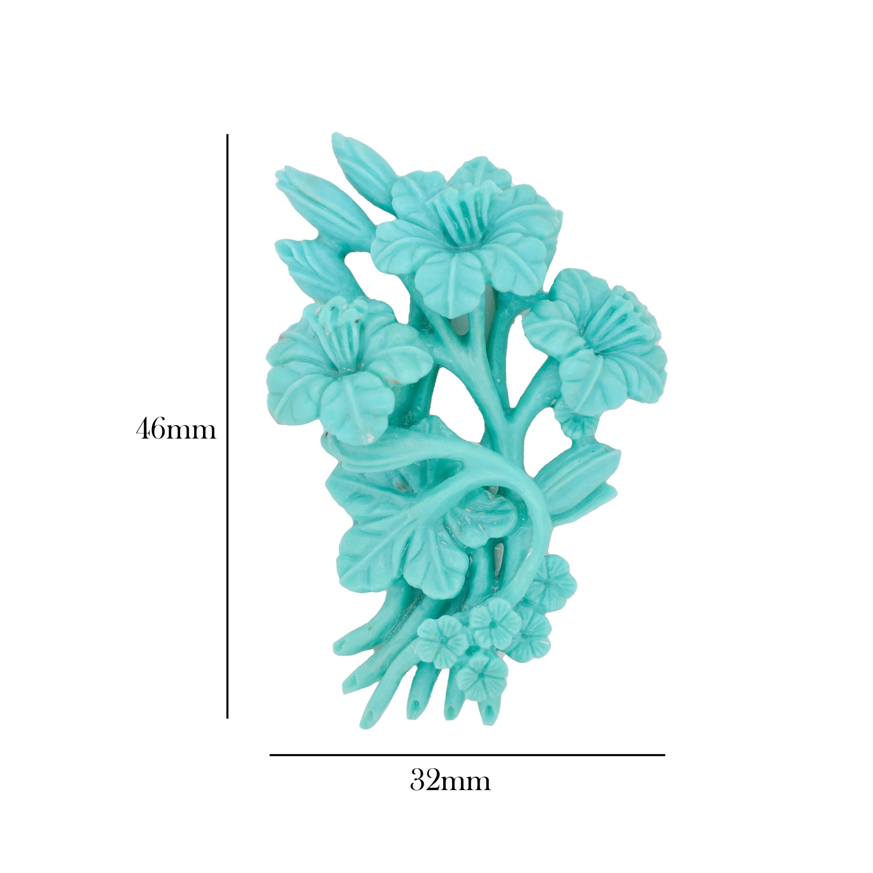 Natural turquoise arizona hand carved bouquet loose gemstone pendant brooch.

A Turquoise Bouquet carving is a sophisticated and charming piece of art, showcasing the beauty of turquoise in a unique and elegant form. This carving typically features