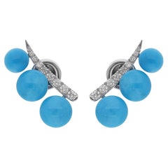 Natural Turquoise Bead Diamond Ear Climber Earrings 14 Karat White Gold