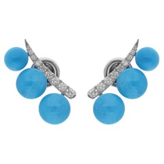 Natural Turquoise Bead Diamond Ear Climber Earrings 18 Karat White Gold