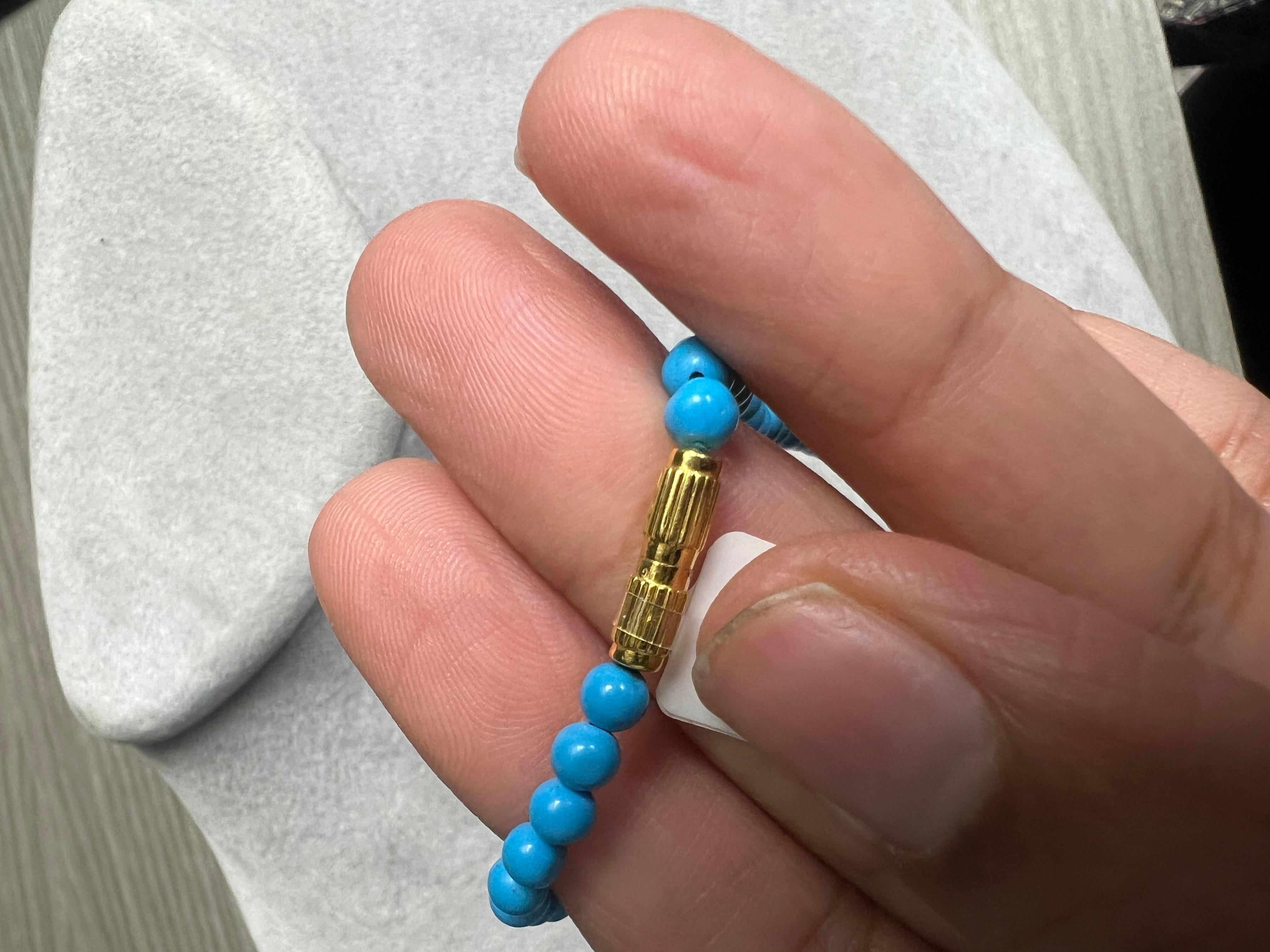 Women's or Men's Natural Turquoise Bead Necklace 18 Karat Yellow Gold For Sale