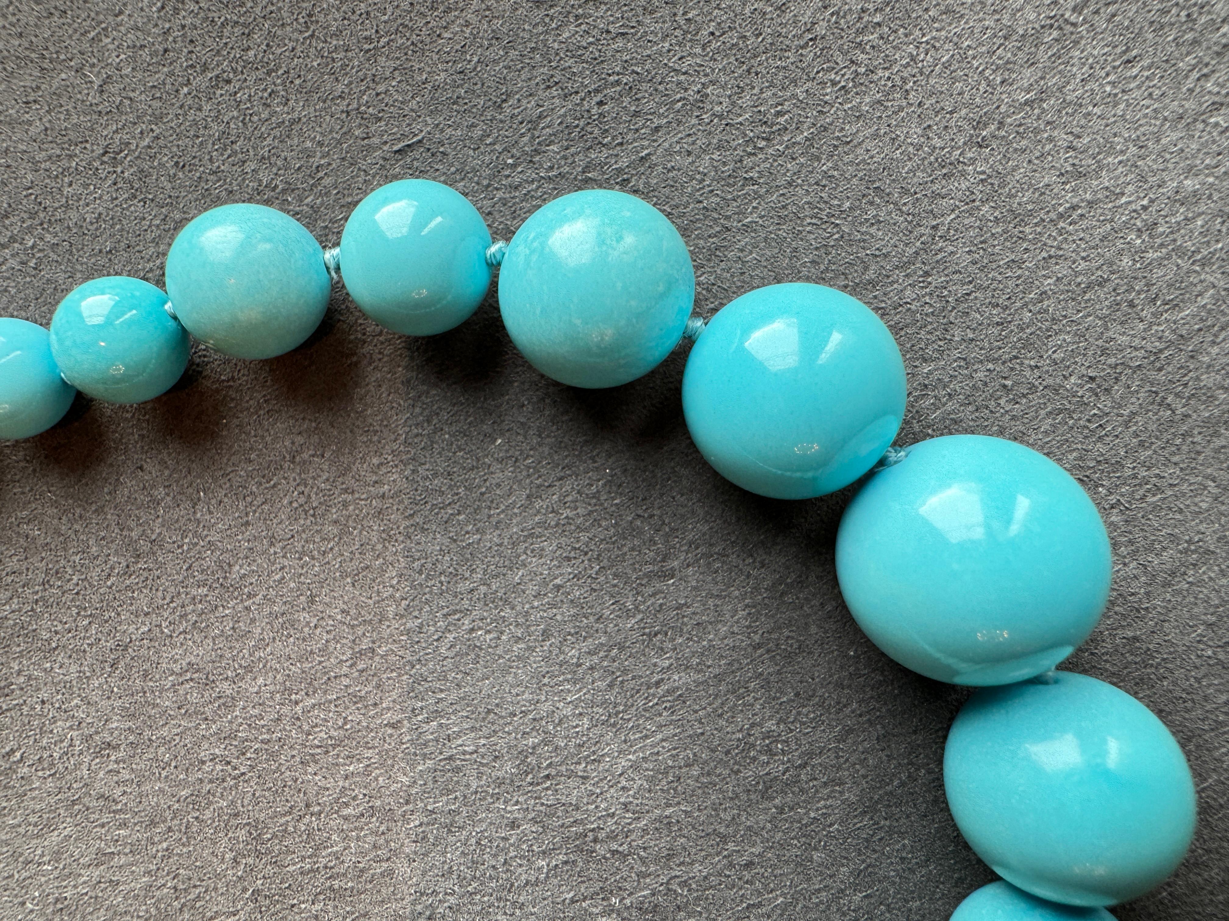 Graduated Single Strand of 56 Natural Turquoise Round Beads with 18k white gold clasp with certificate of guarantee as Sleeping Beauty