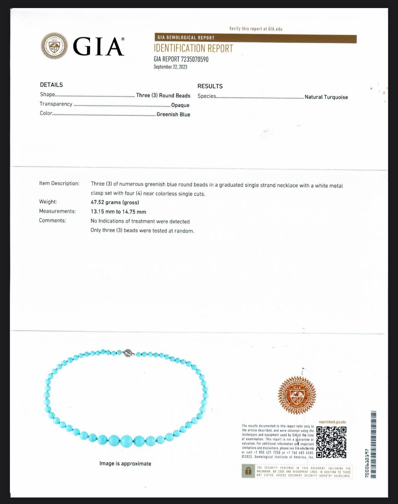 GIA-zertifizierte Perlenkette aus Naturtürkis für Damen oder Herren im Angebot