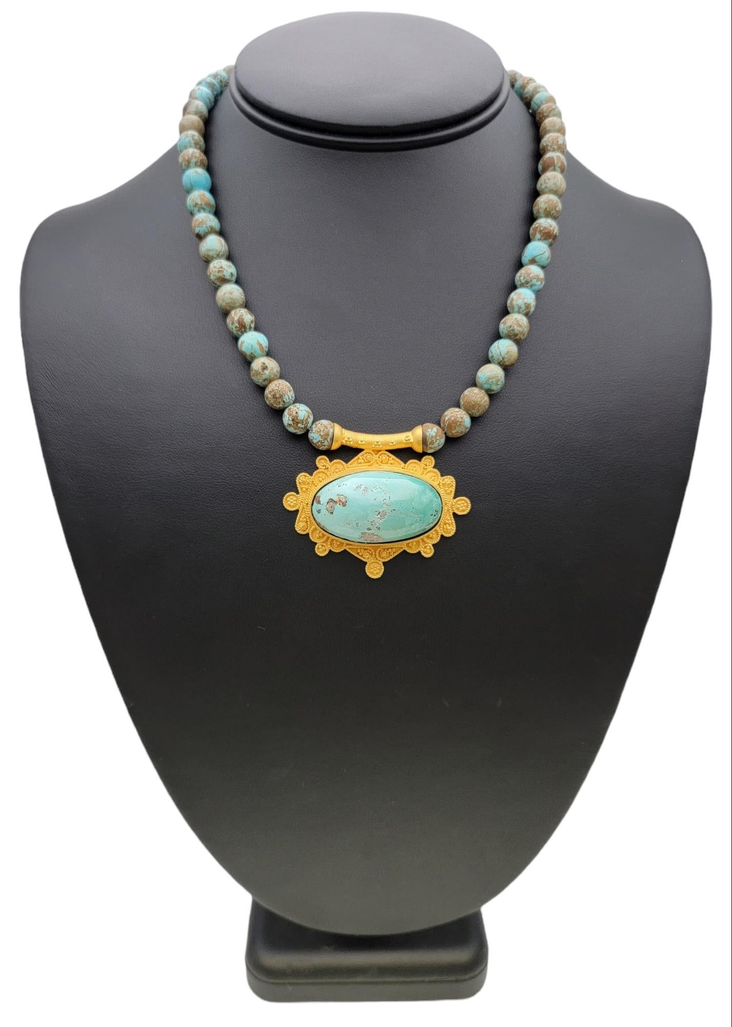 Natural Turquoise Beaded Necklace with Ornate 18 Karat Yellow Gold Pendant For Sale 5