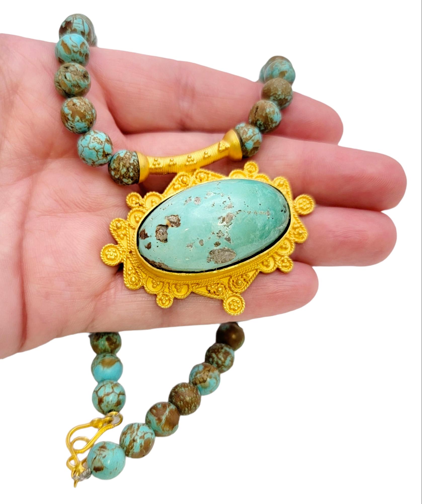 Natural Turquoise Beaded Necklace with Ornate 18 Karat Yellow Gold Pendant For Sale 6