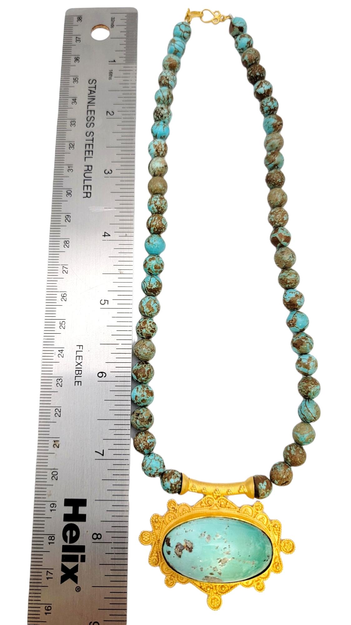 Natural Turquoise Beaded Necklace with Ornate 18 Karat Yellow Gold Pendant For Sale 7