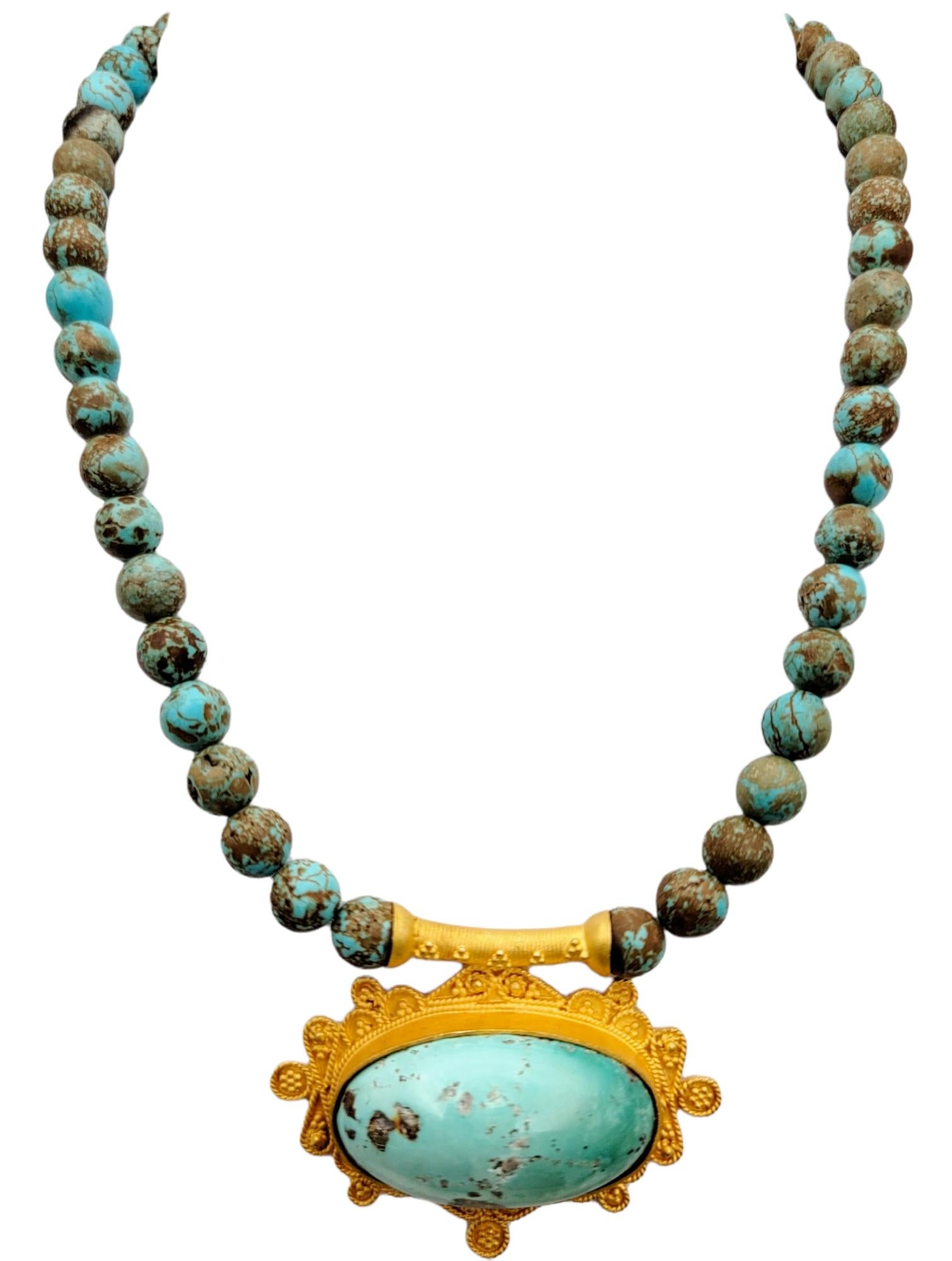 Vibrant turquoise and yellow gold beaded necklace bursting with color. This amazing piece makes an absolutely gorgeous statement on the neck.  Featuring a single strand of round natural turquoise beads, each  varying slightly in color and pattern,
