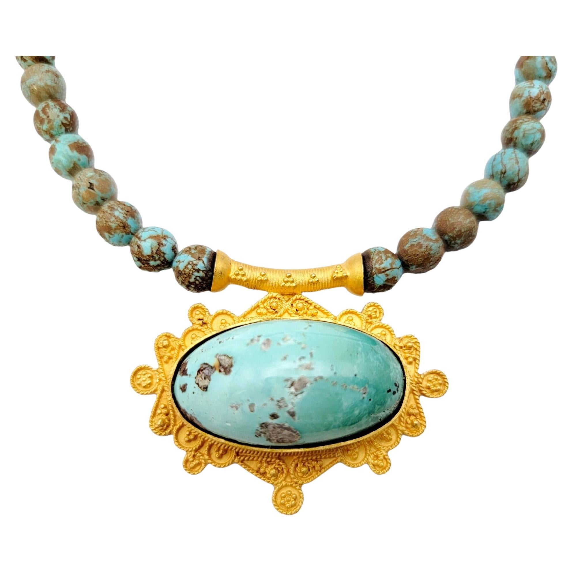Contemporary Natural Turquoise Beaded Necklace with Ornate 18 Karat Yellow Gold Pendant For Sale