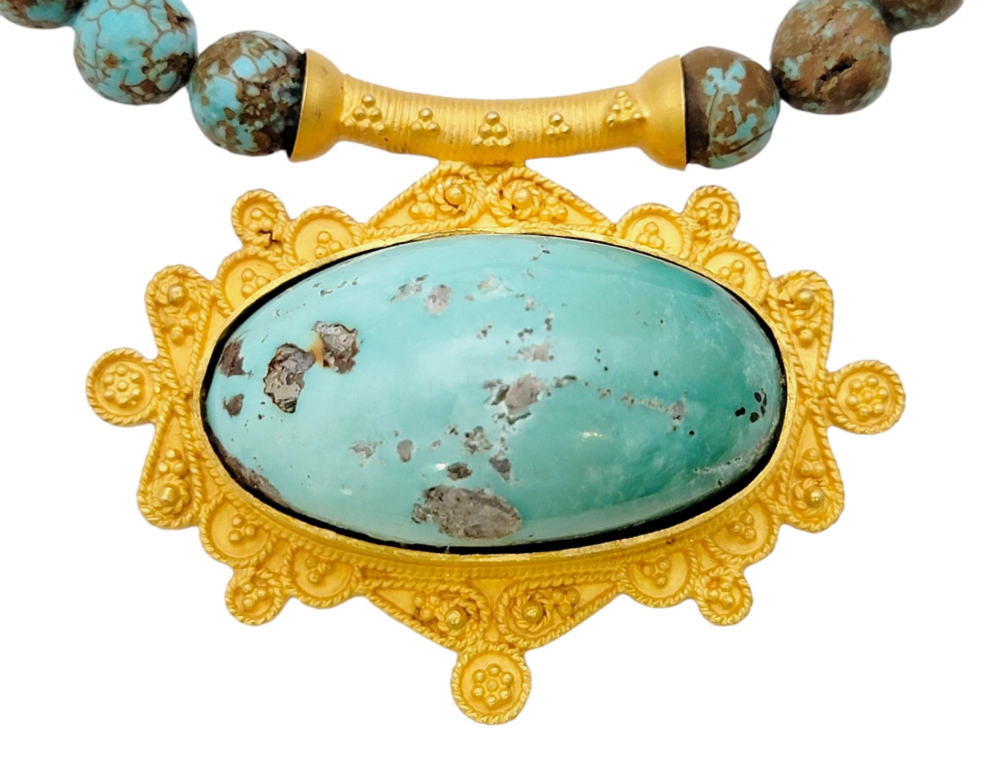 Round Cut Natural Turquoise Beaded Necklace with Ornate 18 Karat Yellow Gold Pendant For Sale