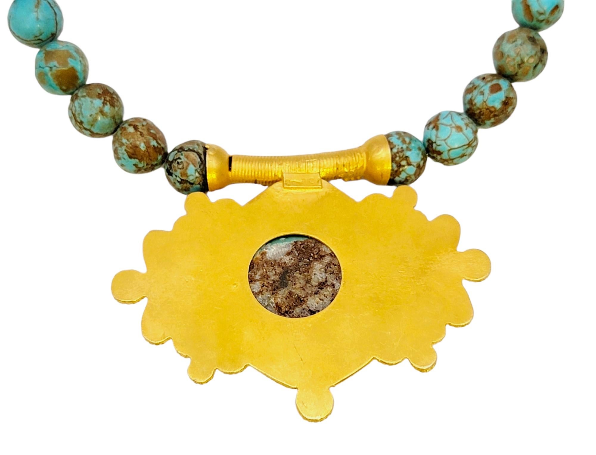 Natural Turquoise Beaded Necklace with Ornate 18 Karat Yellow Gold Pendant For Sale 1