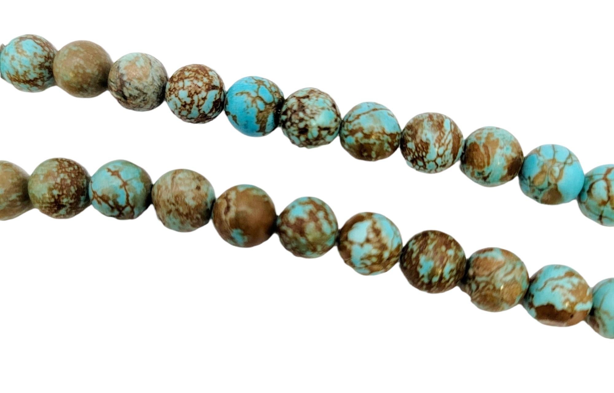 Natural Turquoise Beaded Necklace with Ornate 18 Karat Yellow Gold Pendant For Sale 2