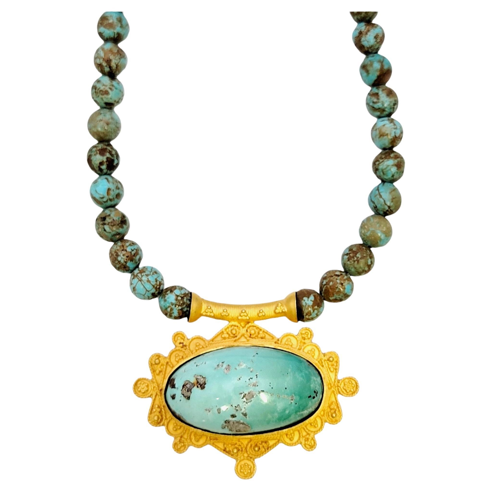 Natural Turquoise Beaded Necklace with Ornate 18 Karat Yellow Gold Pendant For Sale