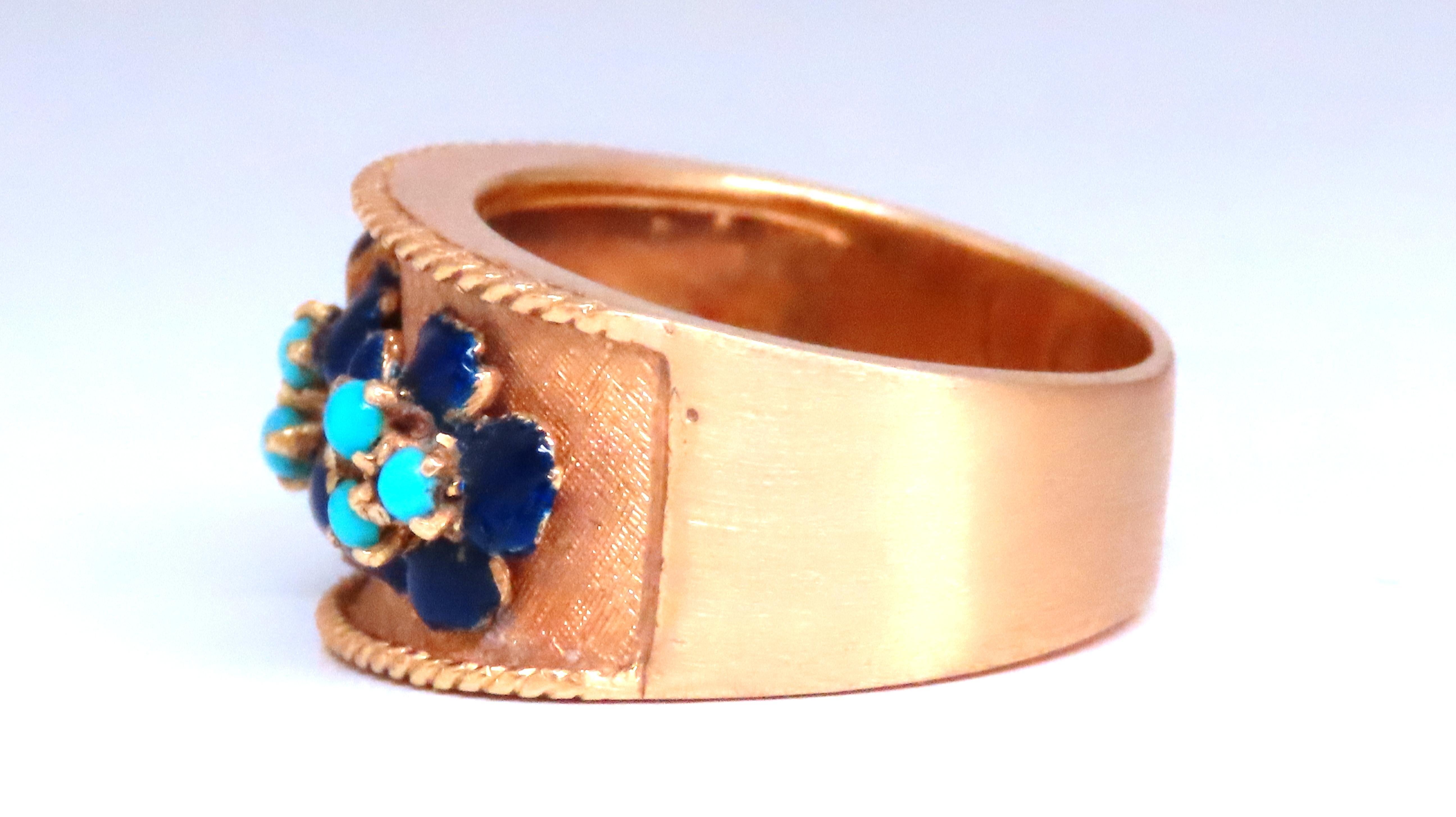 Round Cut Natural Turquoise Blue Daisy Petal Vintage Ring 18kt Gold Ref 12300 For Sale
