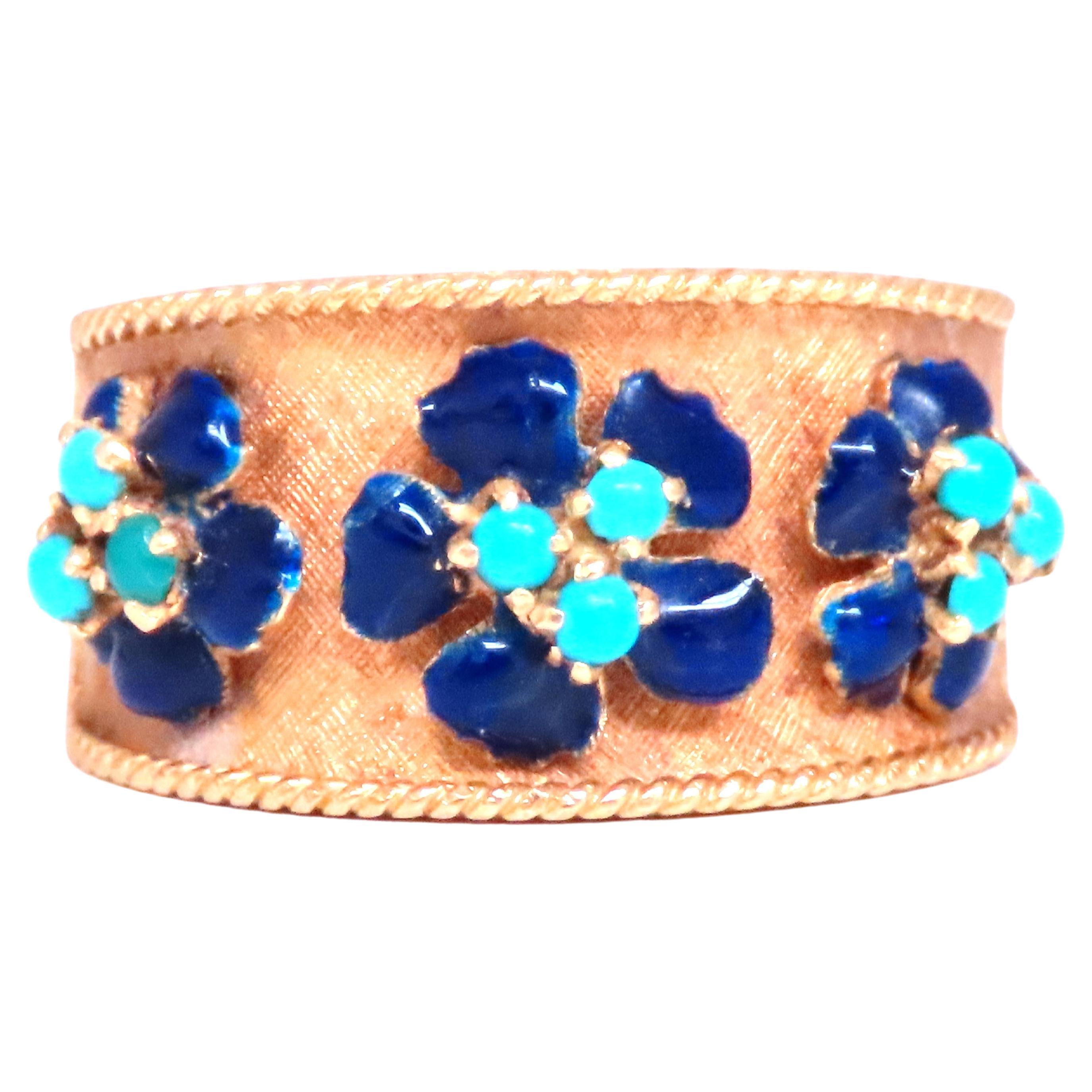 Natural Turquoise Blue Daisy Petal Vintage Ring 18kt Gold Ref 12300 For Sale