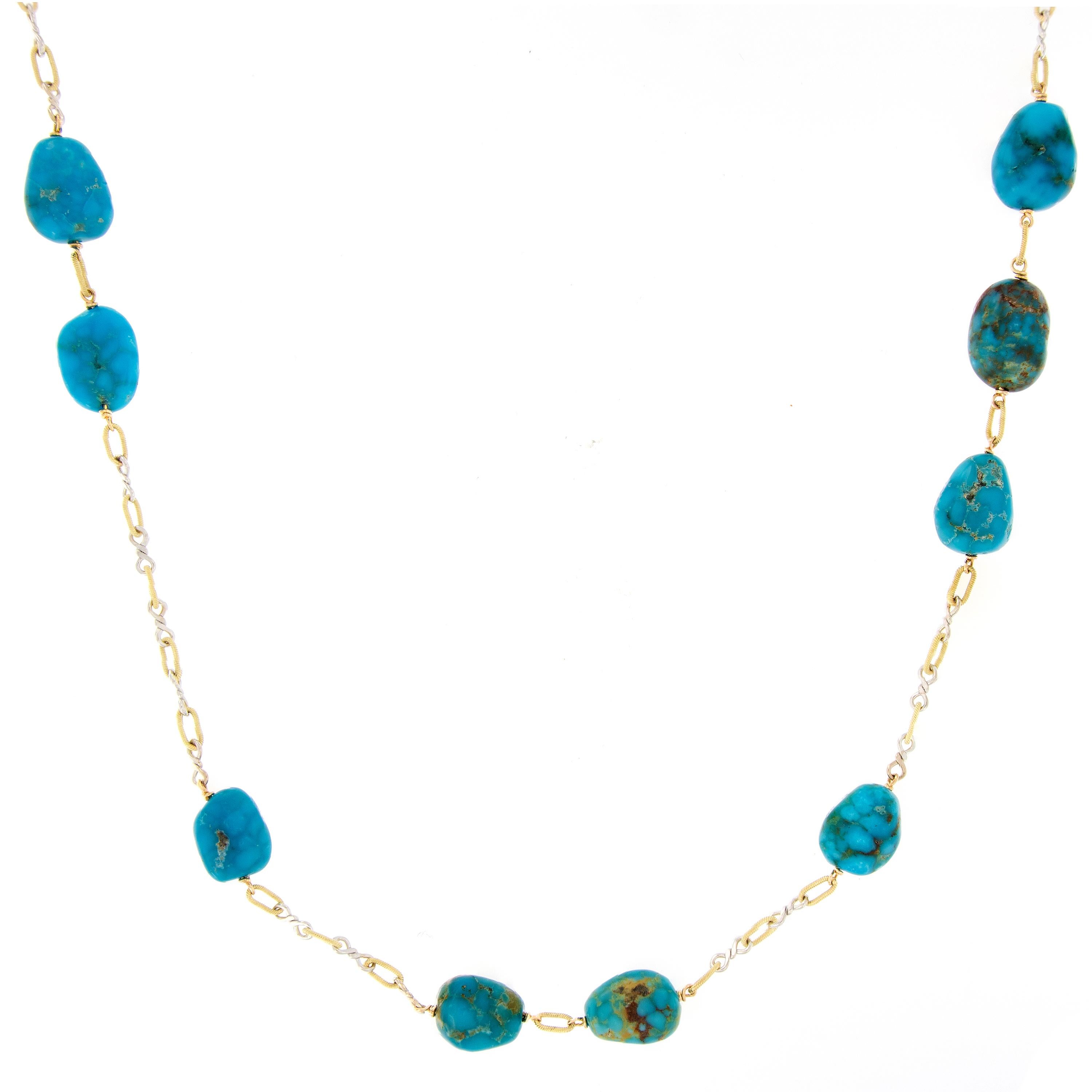 Natural Turquoise by The Yard 18 Karat Gold Necklace In New Condition In Troy, MI
