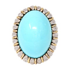 Natural Turquoise Cabochon and Diamond Cocktail Ring c.1970 in 14k