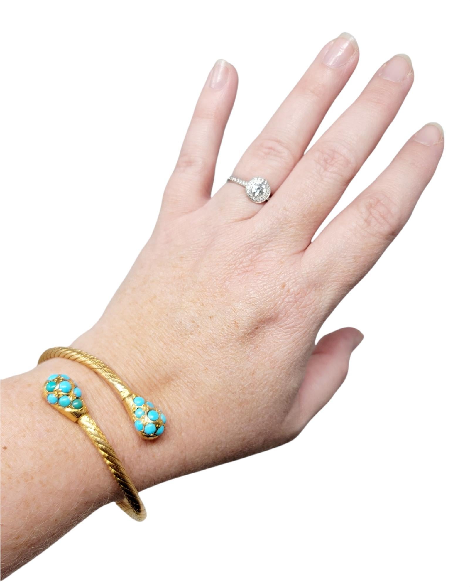 Natural Turquoise Cabochon Bypass Bangle Bracelet in 18 Karat Yellow Gold For Sale 3