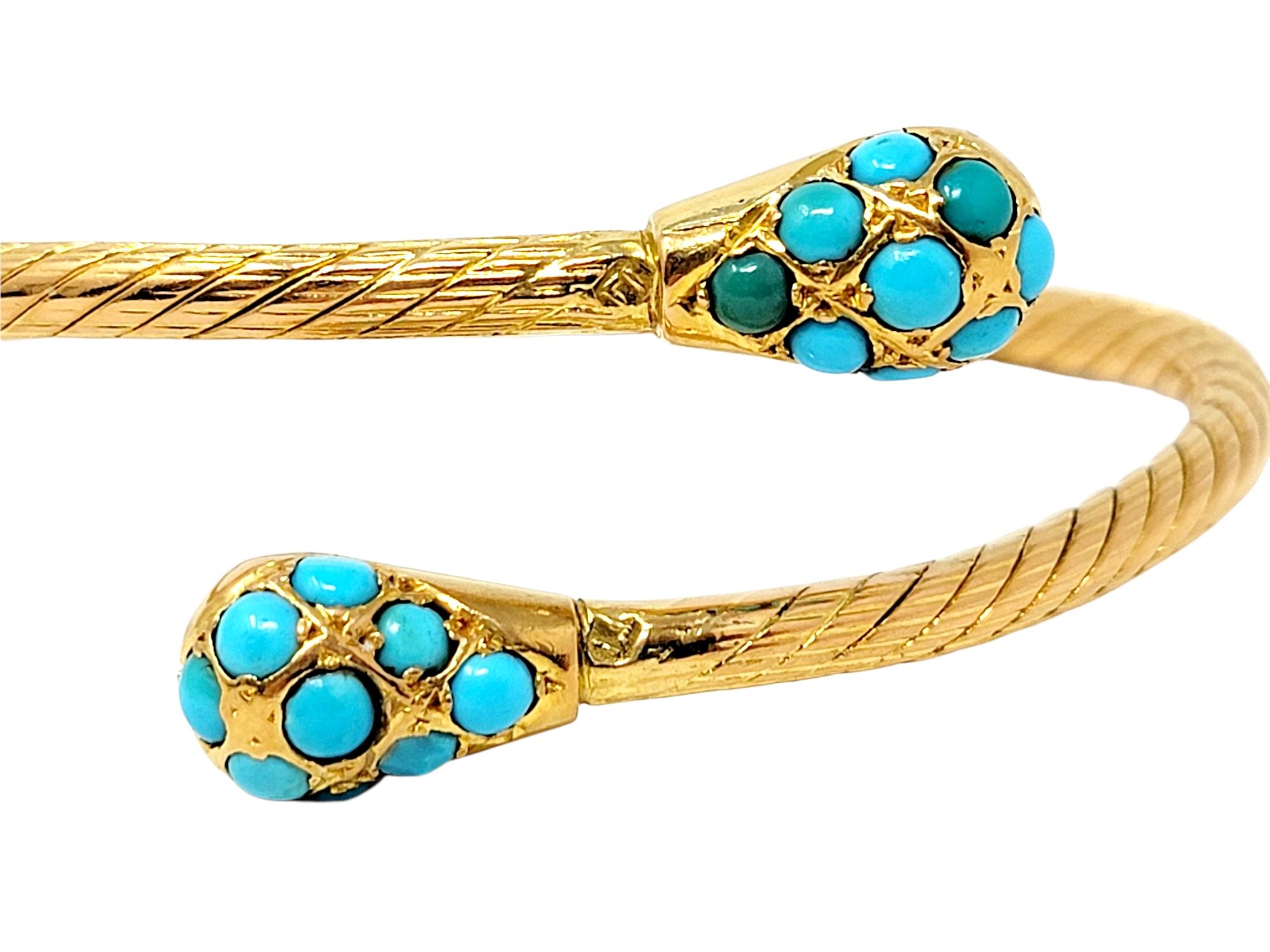 Natural Turquoise Cabochon Bypass Bangle Bracelet in 18 Karat Yellow Gold In Good Condition For Sale In Scottsdale, AZ