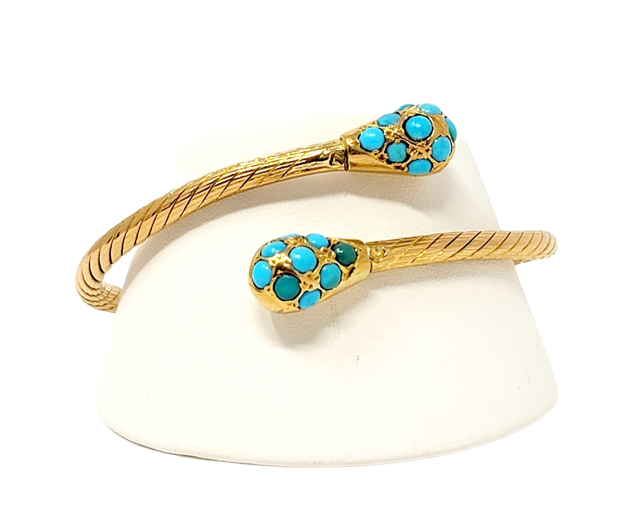 Women's Natural Turquoise Cabochon Bypass Bangle Bracelet in 18 Karat Yellow Gold For Sale