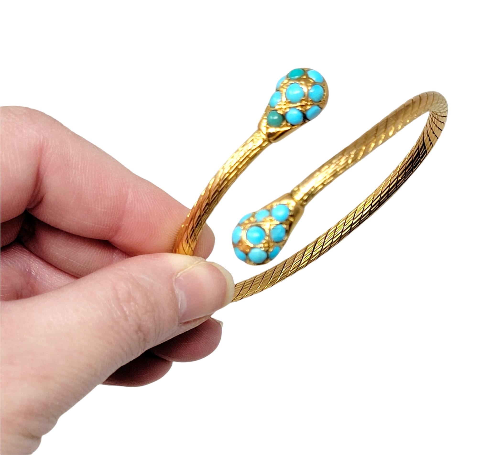 Natural Turquoise Cabochon Bypass Bangle Bracelet in 18 Karat Yellow Gold For Sale 1