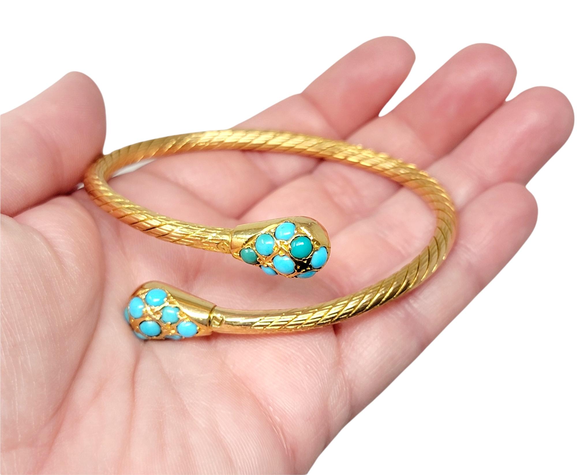 Natural Turquoise Cabochon Bypass Bangle Bracelet in 18 Karat Yellow Gold For Sale 2