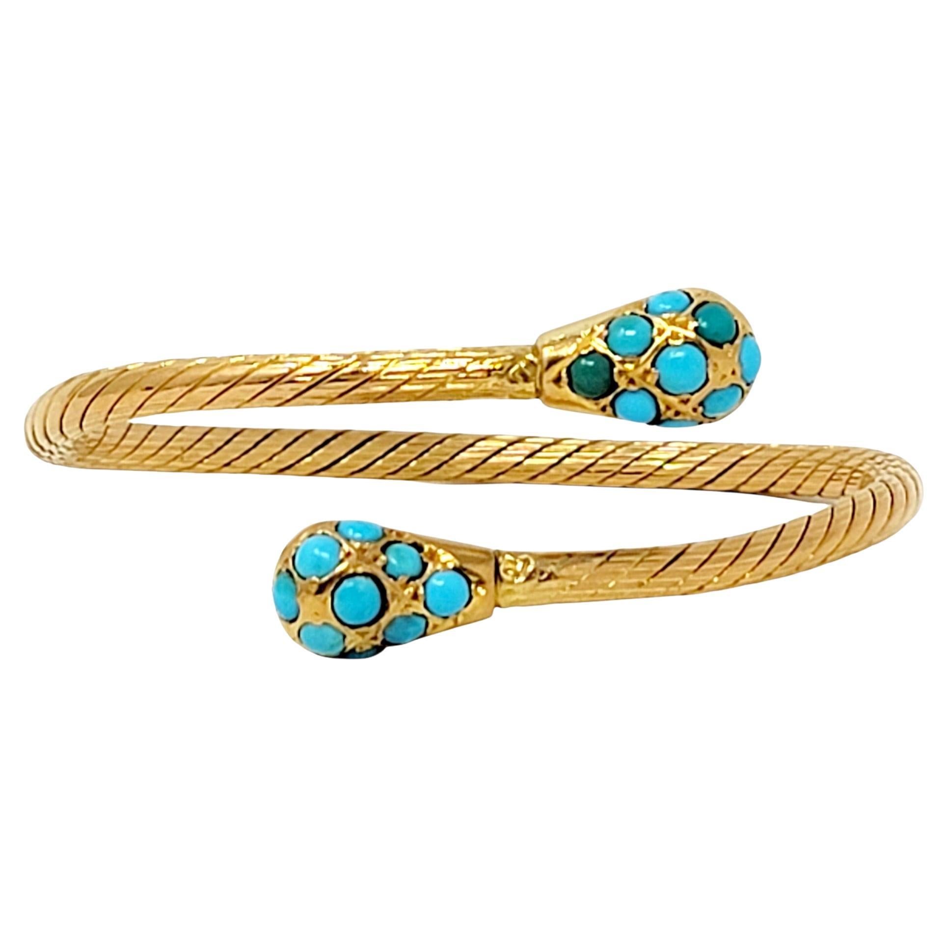 Natural Turquoise Cabochon Bypass Bangle Bracelet in 18 Karat Yellow Gold For Sale