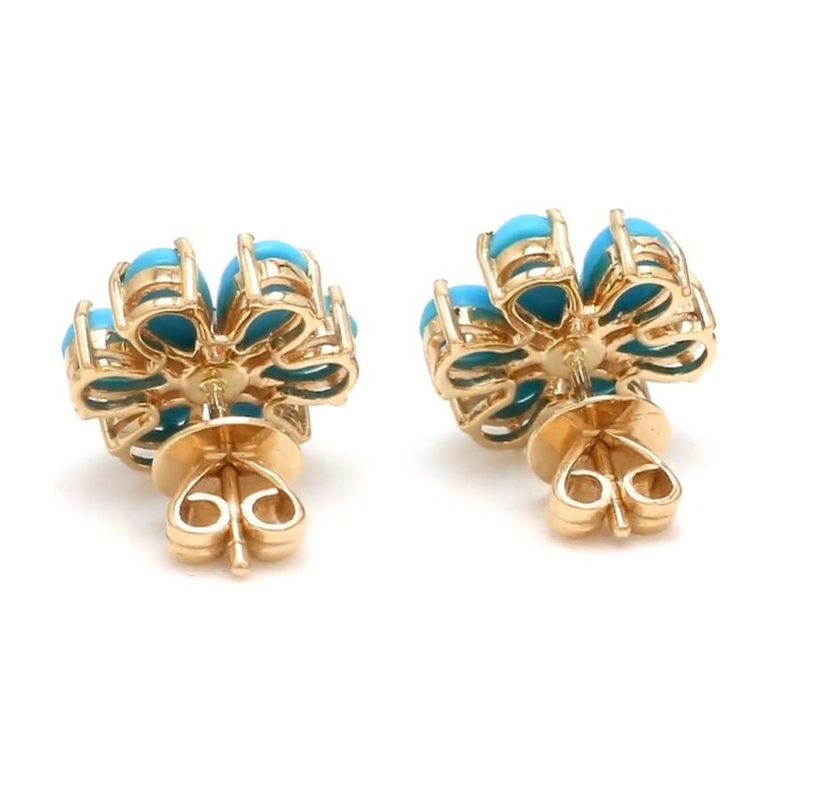 Asscher Cut Natural turquoise cabochon earring in 14k gold For Sale