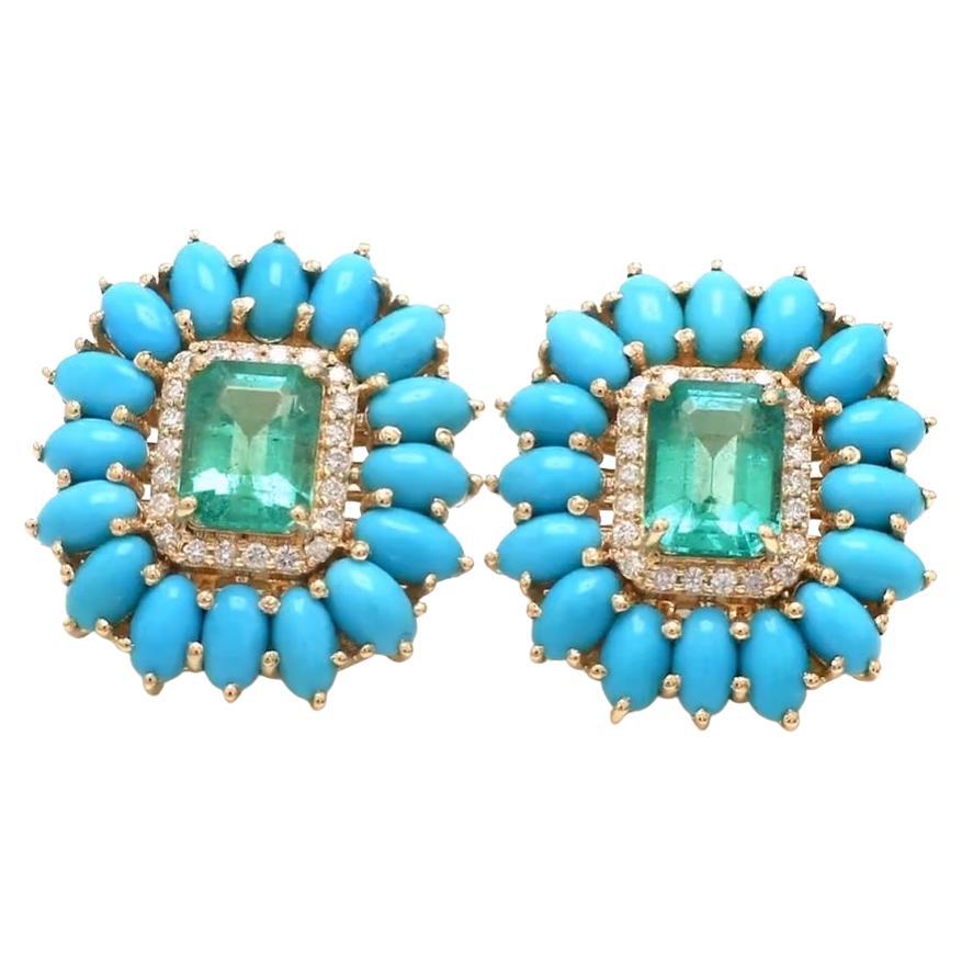 Natural turquoise cabochon emerald earring in 14k gold