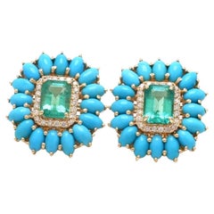 Natural turquoise cabochon emerald earring in 14k gold